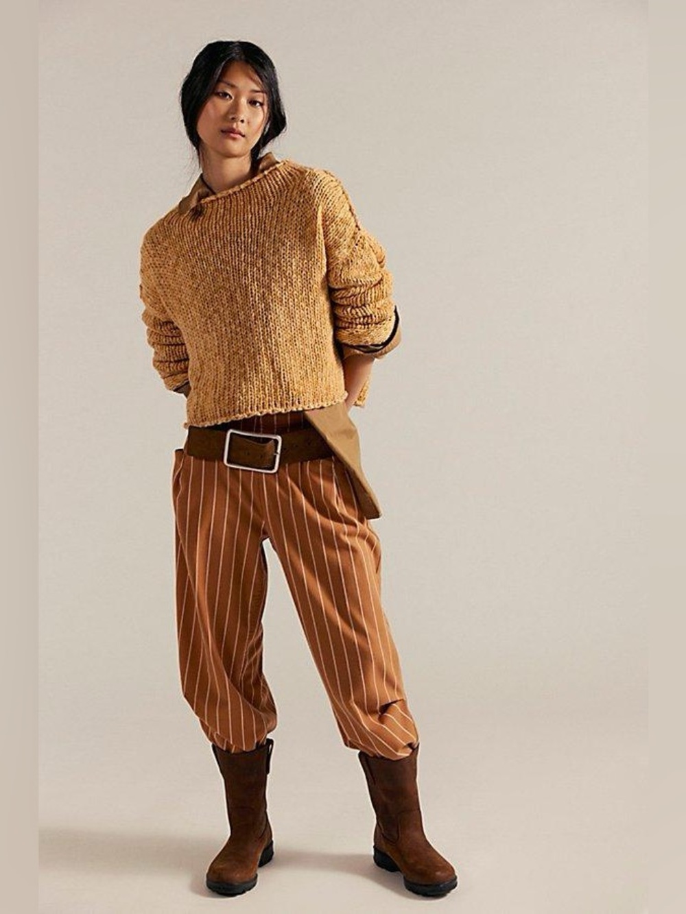 NWT FREE PEOPLE Nice Choice Pull-On Trousers | Caramel Combo-Pinstripe MSRP $98